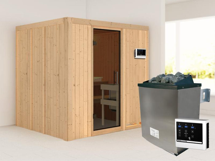 Karibu Sauna Sodin inkl. 9 kW Ofen ext. Steuerung  mit moderner Saunatür - ohne Dachkranz -