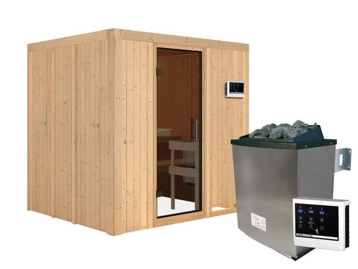 Karibu Sauna Sodin inkl. 9 kW Ofen ext. Steuerung  mit moderner Saunatür - ohne Dachkranz -
