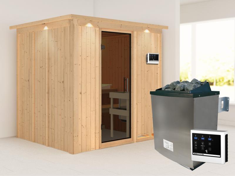 Karibu Sauna Sodin inkl. 9 kW Ofen ext. Steuerung  mit moderner Saunatür - mit Dachkranz -