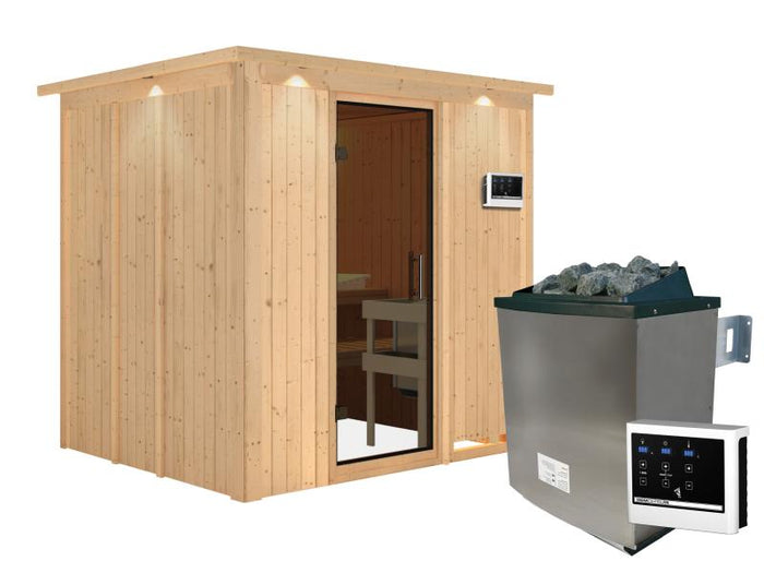 Karibu Sauna Sodin inkl. 9 kW Ofen ext. Steuerung  mit moderner Saunatür - mit Dachkranz -
