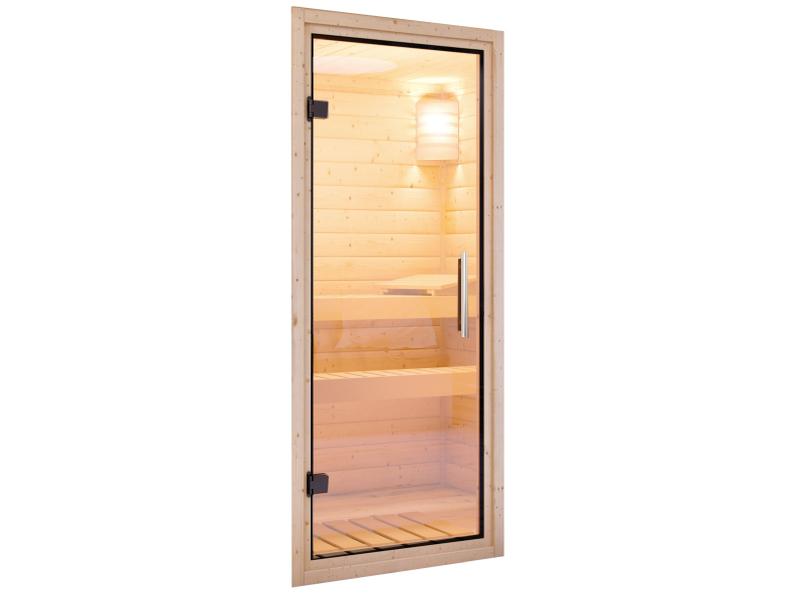 Karibu Sauna Sodin inkl. 9 kW Ofen ext. Steuerung mit Klarglas Ganzglastür - ohne Dachkranz -