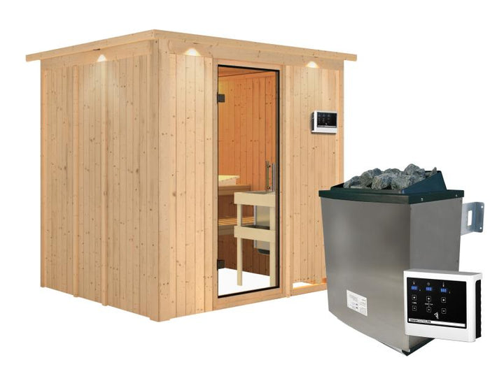 Karibu Sauna Sodin inkl. 9 kW Ofen ext. Steuerung mit Klarglas Ganzglastür - mit Dachkranz -