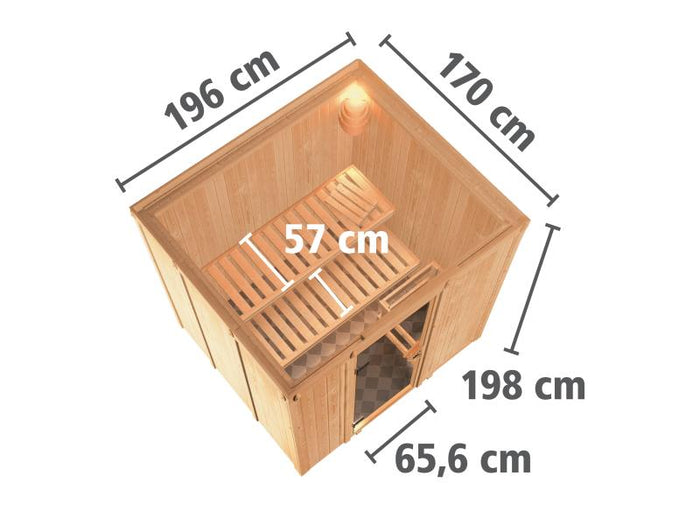 Karibu Sauna Sodin inkl. 9 kW Ofen integr. Steuerung  mit bronzierter Ganzglastür - ohne Dachkranz -