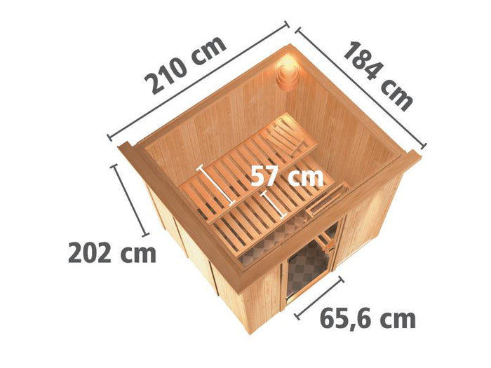 Karibu Sauna Sodin inkl. 9 kW Ofen integr. Steuerung mit energiesparender Saunatür - mit Dachkranz -