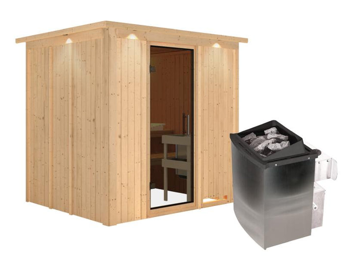 Karibu Sauna Sodin inkl. 9 kW Ofen integr. Steuerung mit moderner Saunatür - mit Dachkranz -