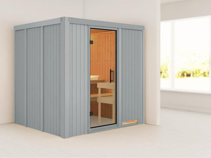 Karibu Sauna Sodin ohne Ofen in lichtgrau, ohne Dachkranz, mit Klarglas Ganzglastür