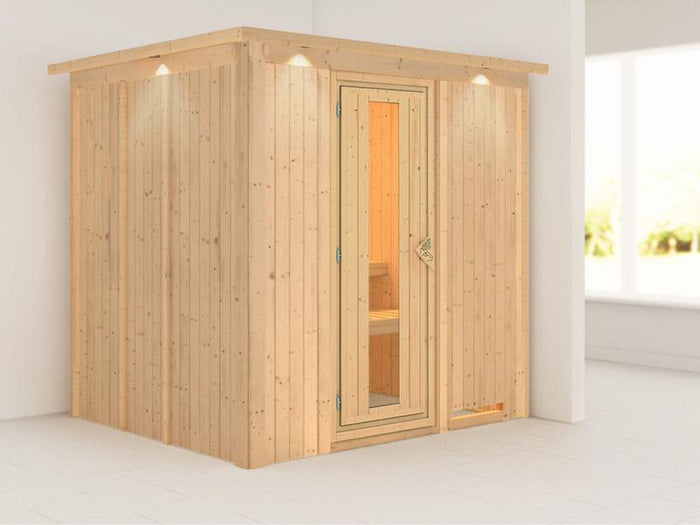 Karibu Sauna Sodin ohne Ofen, mit Dachkranz, mit energiesparender Saunatür