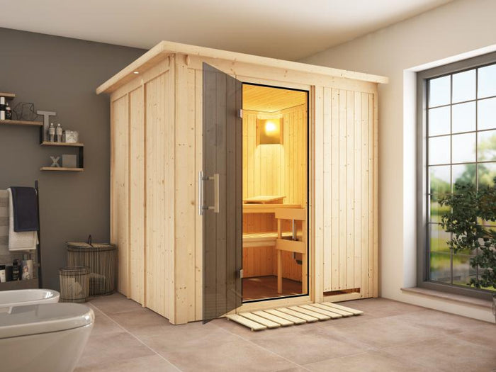 Karibu Sauna Sodin ohne Ofen, mit Dachkranz, mit moderner Saunatür