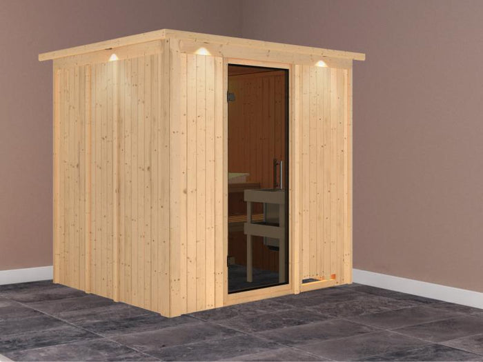 Karibu Sauna Sodin ohne Ofen, mit Dachkranz, mit moderner Saunatür