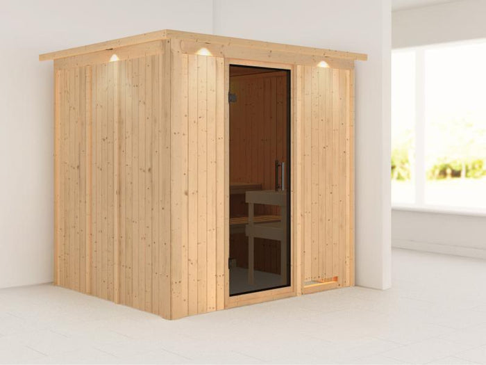 Karibu Sauna Sodin ohne Ofen, mit Dachkranz, mit moderner Saunatür