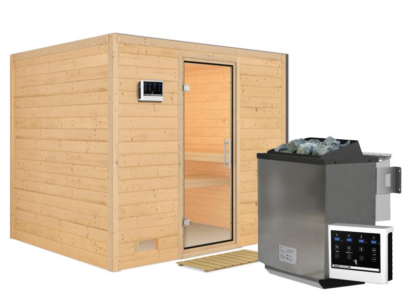 Karibu Sauna Sonara inkl. 9 kW Bio Ofen mit ext. Steuerung, ohne Dachkranz, mit Klarglas Ganzglastür