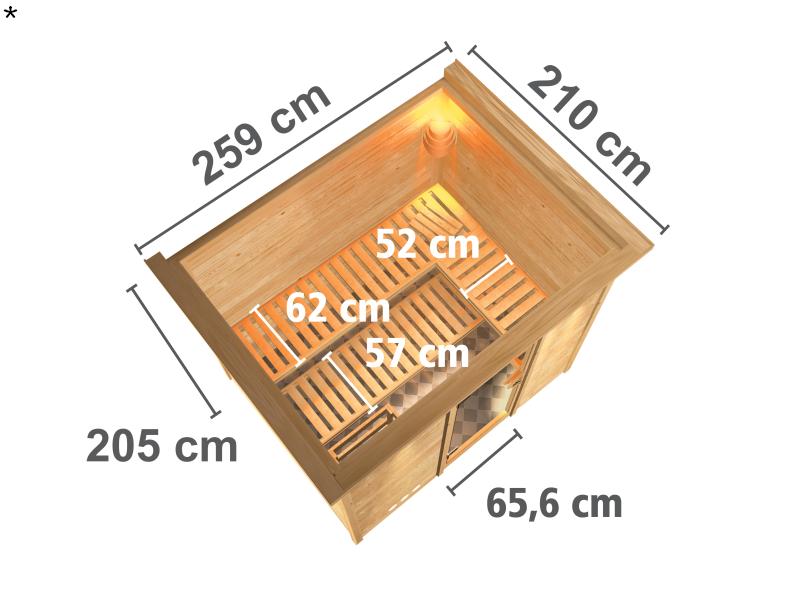 Karibu Sauna Sonara inkl. 9 kW Bio Ofen mit ext. Steuerung, mit Dachkranz, mit Klarglas Ganzglastür