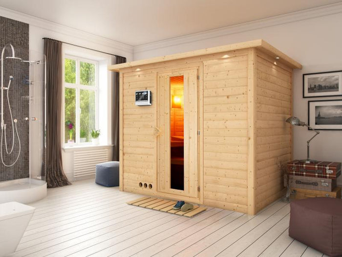 Karibu Sauna Sonara inkl. 9-kW-Bioofen mit externer Steuerung, mit Dachkranz, mit energiesparender S