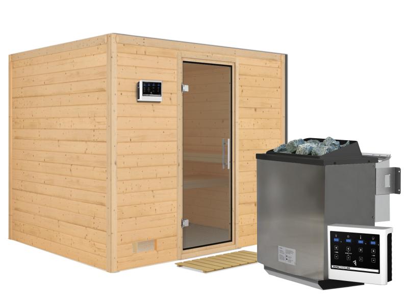 Karibu Sauna Sonara inkl. 9-kW-Bioofen mit externer Steuerung, ohne Dachkranz, mit moderner Saunatür