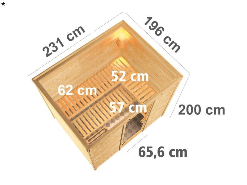 Karibu Sauna Sonara inkl. 9-kW-Bioofen mit externer Steuerung, ohne Dachkranz, mit moderner Saunatür