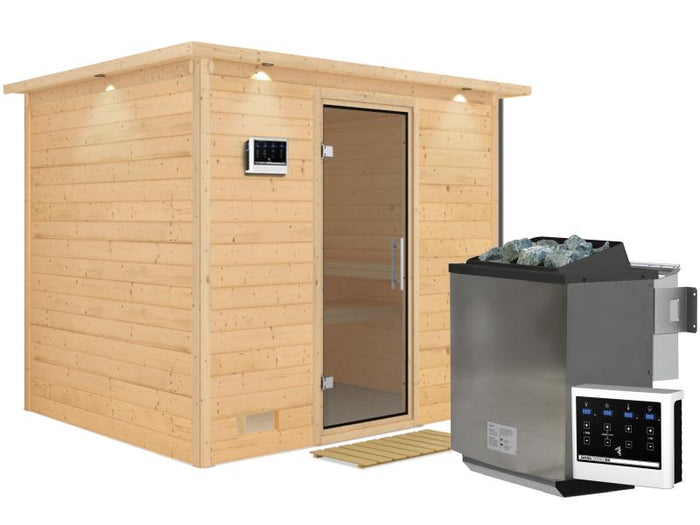 Karibu Sauna Sonara inkl. 9-kW-Bioofen mit externer Steuerung, mit Dachkranz, mit moderner Saunatür