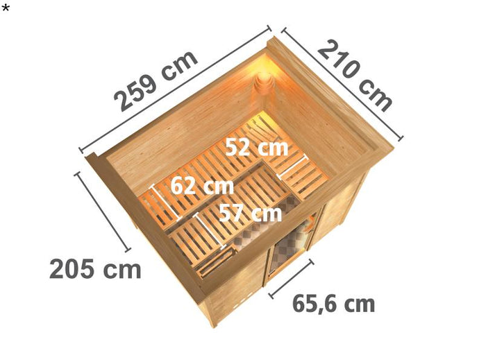 Karibu Sauna Sonara inkl. 9-kW-Bioofen mit externer Steuerung, mit Dachkranz, mit moderner Saunatür