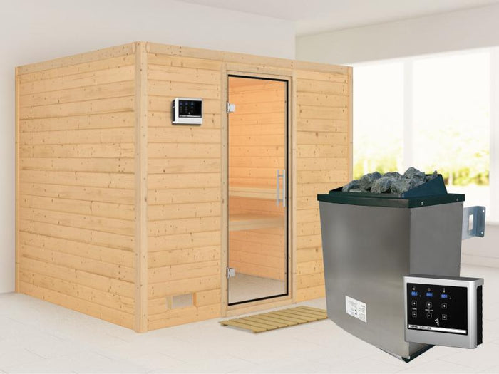 Karibu Sauna Sonara inkl. 9 kW Ofen mit ext. Steuerung, ohne Dachkranz, mit Klarglas Ganzglastür