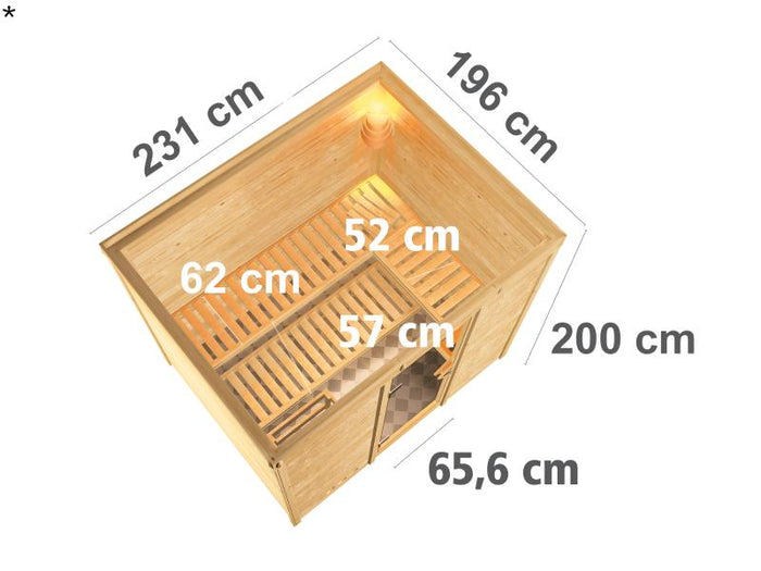 Karibu Sauna Sonara inkl. 9 kW Ofen mit ext. Steuerung, ohne Dachkranz, mit Klarglas Ganzglastür