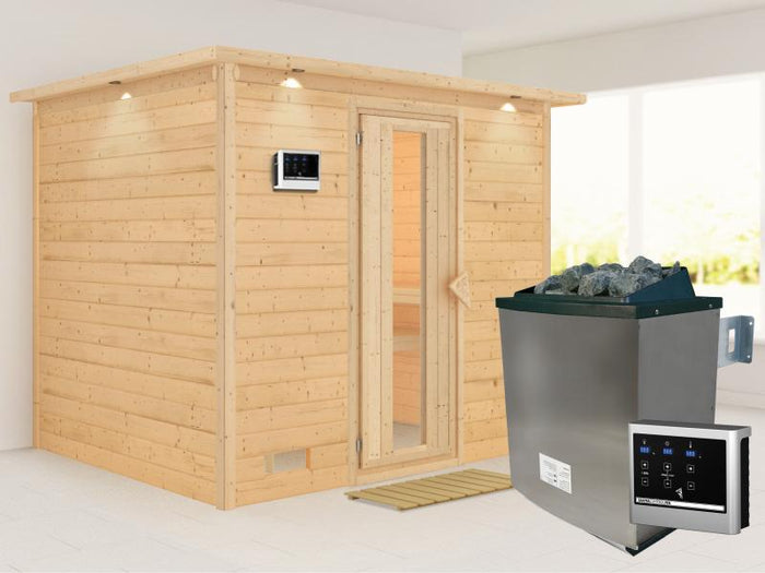 Karibu Sauna Sonara inkl. 9-kW-Ofen mit externer Steuerung, mit Dachkranz, mit energiesparender Saun