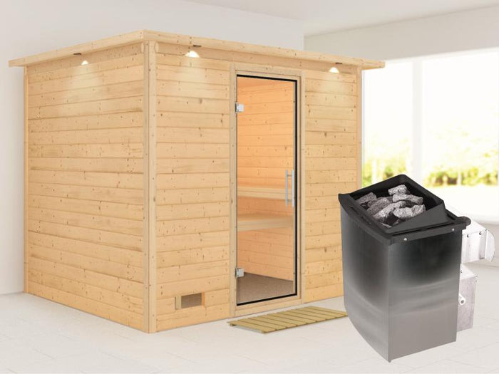 Karibu Sauna Sonara inkl. 9 kW Ofen mit int. Steuerung, mit Dachkranz, mit Klarglas Ganzglastür