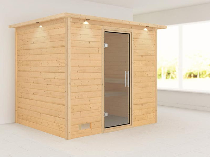 Karibu Sauna Sonara ohne Ofen, mit Dachkranz, mit moderner Saunatür