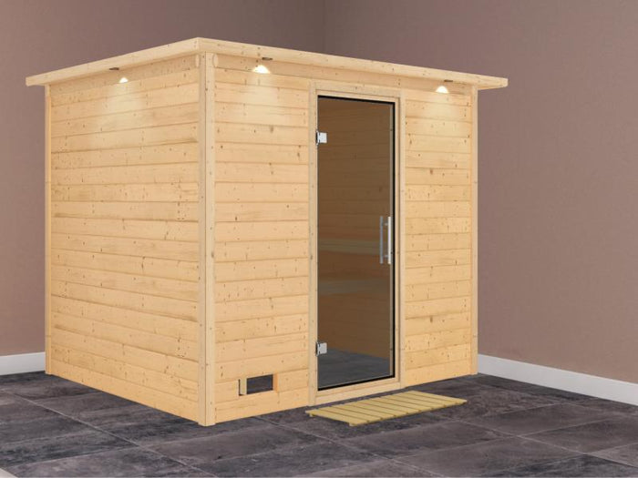 Karibu Sauna Sonara ohne Ofen, mit Dachkranz, mit moderner Saunatür