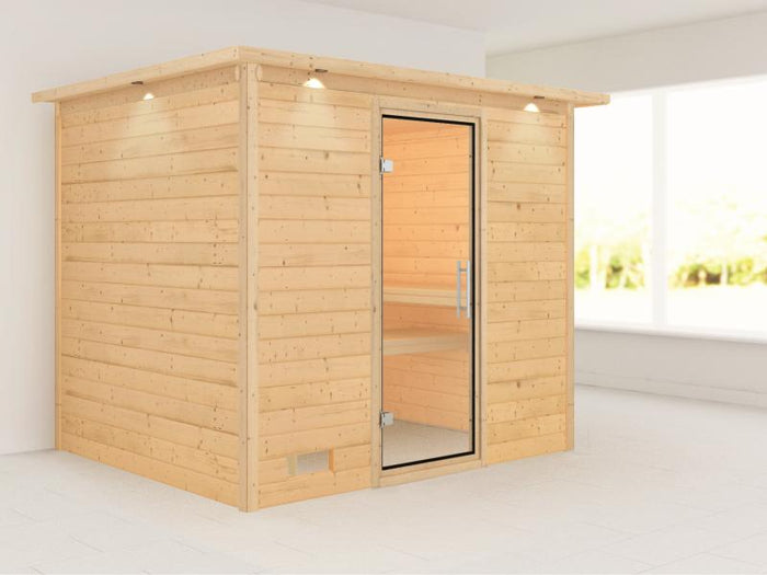 Karibu Sauna Sonara ohne Ofen, mit Dachkranz, mit Klarglas Ganzglastür