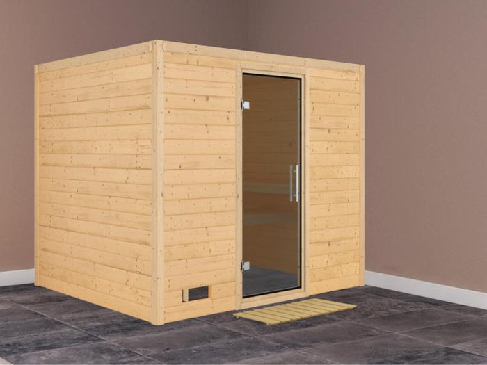 Karibu Sauna Sonara ohne Ofen, ohne Dachkranz, mit moderner Saunatür