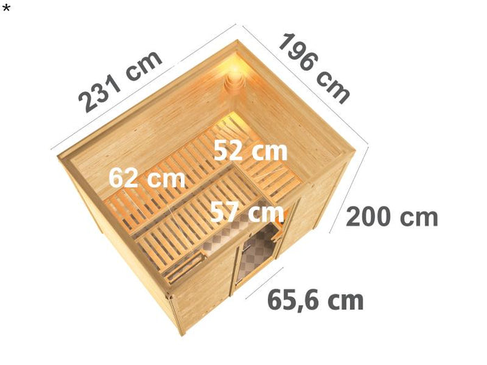 Karibu Sauna Sonara ohne Ofen, ohne Dachkranz, mit moderner Saunatür