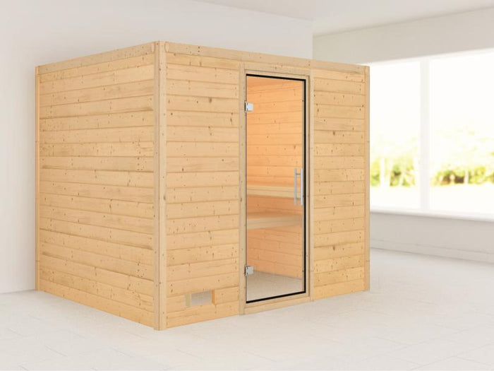 Karibu Sauna Sonara ohne Ofen, ohne Dachkranz, mit Klarglas Ganzglastür