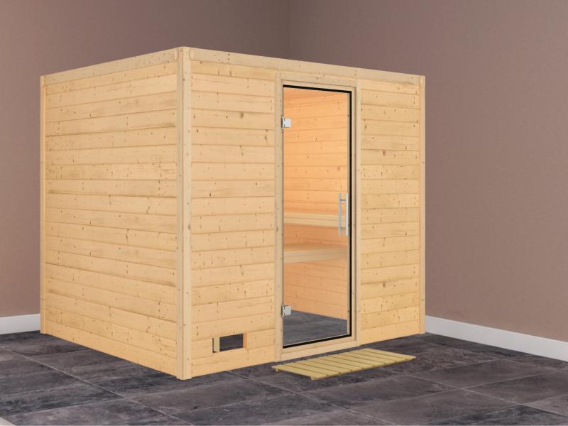 Karibu Sauna Sonara ohne Ofen, ohne Dachkranz, mit Klarglas Ganzglastür