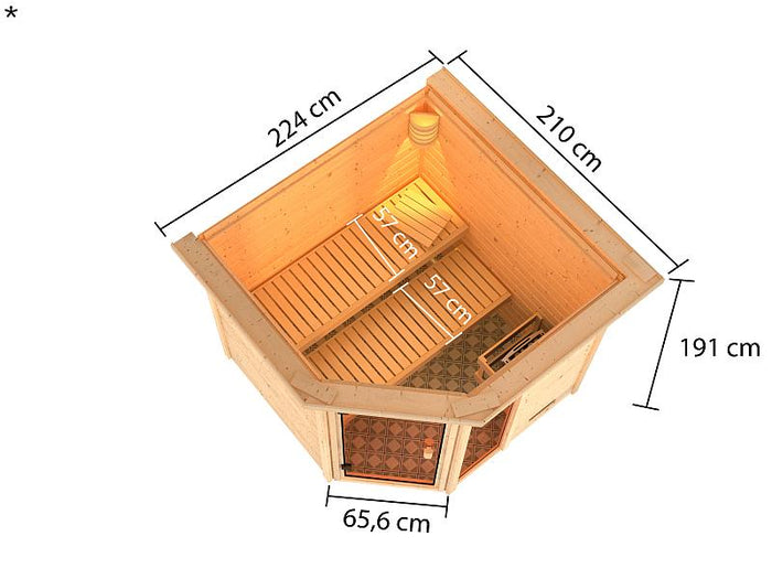 Karibu Sauna Tabea mit 9 kW Bioofen ext. Strg und Dachkranz 38 mm