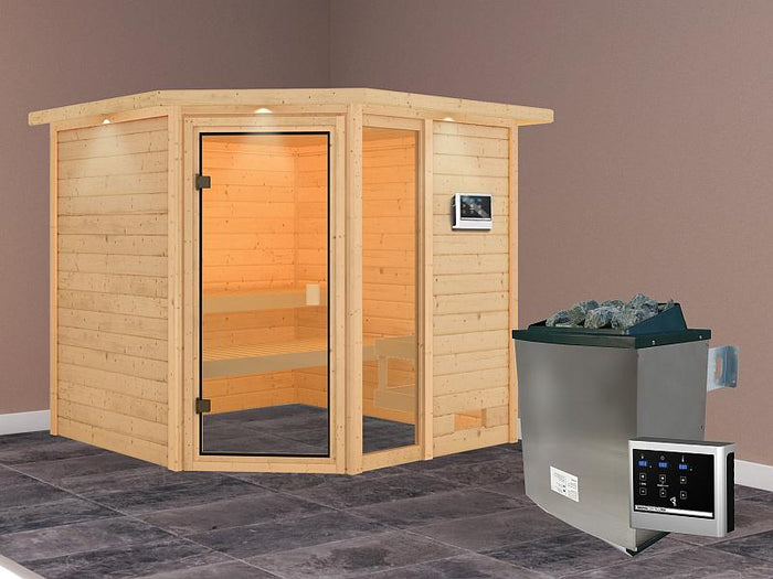 Karibu Sauna Tabea mit 9 kW Ofen ext. Strg und Dachkranz 38 mm