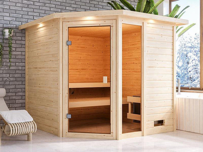 Karibu Sauna Tabea mit 9 kW Ofen integr. Strg und Dachkranz 38 mm