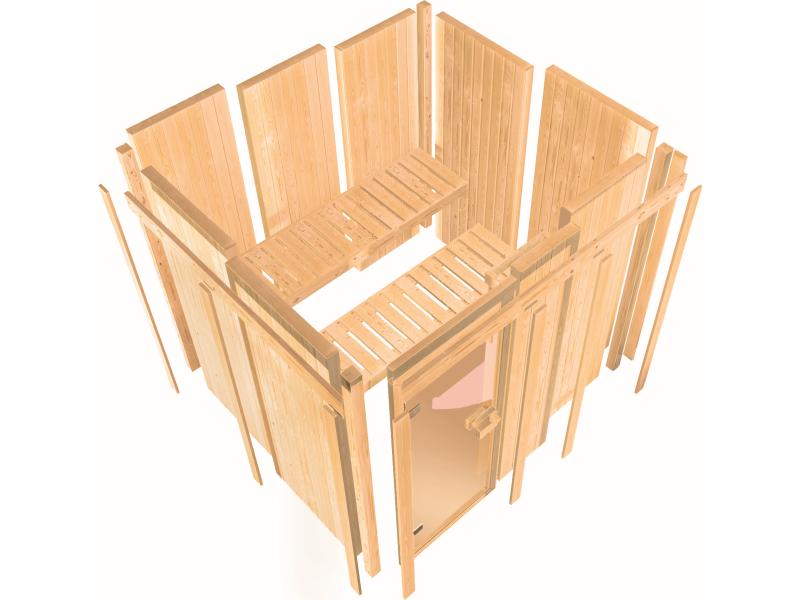 Karibu Sauna Taurin inkl. 9 kW Bioofen externe Steuerung, mit moderner Saunatür - ohne Dachkranz -