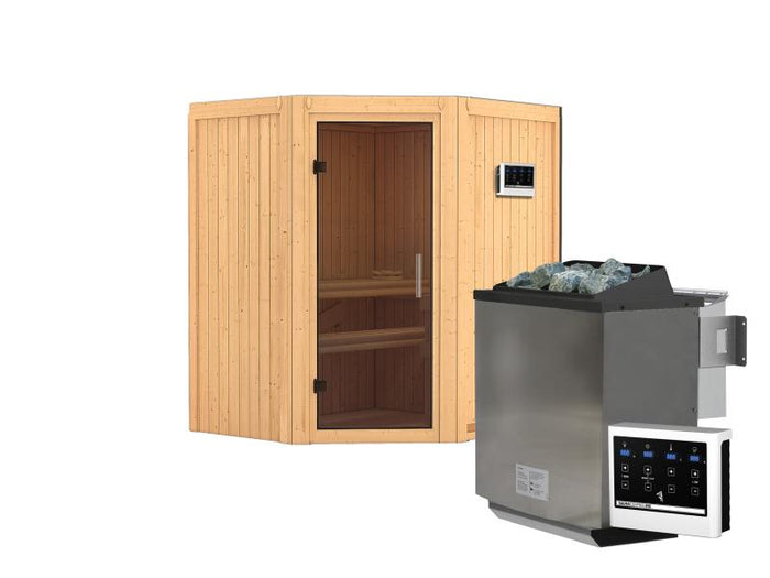 Karibu Sauna Taurin inkl. 9 kW Bioofen externe Steuerung, mit moderner Saunatür - ohne Dachkranz -