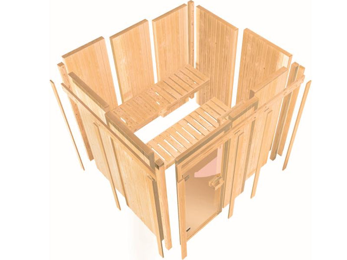 Karibu Sauna Taurin inkl. 9 kW Ofen ext. Steuerung, mit bronzierter Gnazglastür  - ohne Dachkranz -