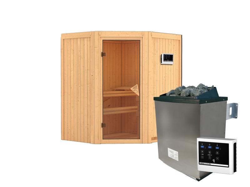 Karibu Sauna Taurin inkl. 9 kW Ofen ext. Steuerung, mit bronzierter Gnazglastür  - ohne Dachkranz -