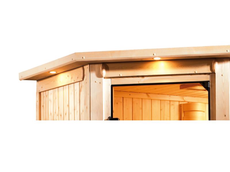 Karibu Sauna Taurin inkl. 9 kW Ofen ext. Steuerung, mit bronzierter Ganzglastür - mit Dachkranz -