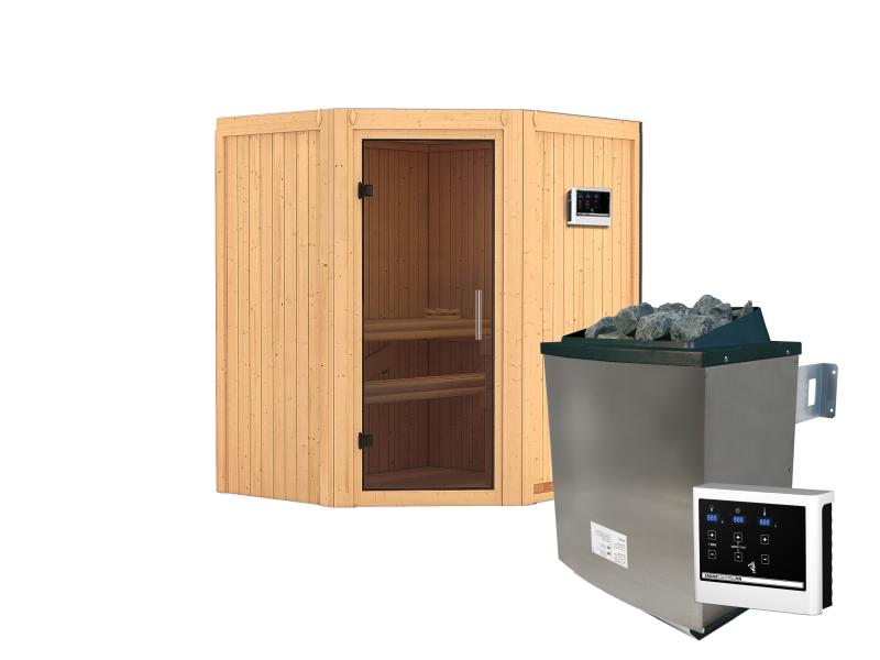 Karibu Sauna Taurin  inkl. 9 kW Ofen ext. Steuerung, mit moderner Saunatür - ohne Dachkranz -