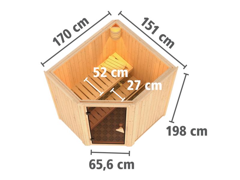 Karibu Sauna Taurin  inkl. 9 kW Ofen ext. Steuerung, mit moderner Saunatür - ohne Dachkranz -