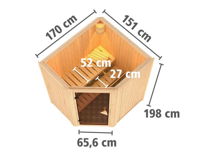 Karibu Sauna Taurin  inkl. 9 kW Ofen ext. Steuerung, mit moderner Saunatür - ohne Dachkranz -