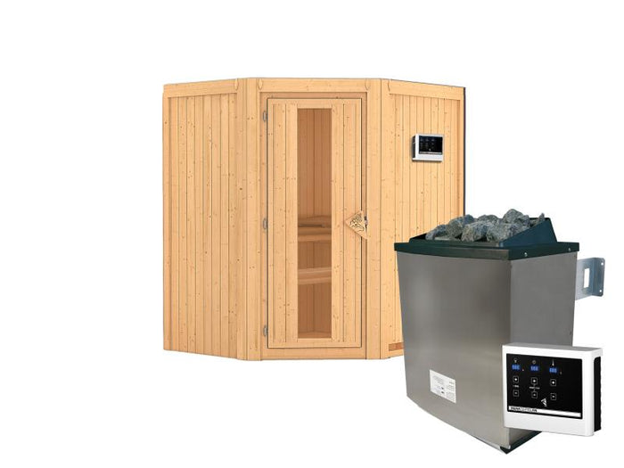 Karibu Sauna Taurin inkl. 9 kW Ofen externe Steuerung, mit Energiespartür - ohne Dachkranz -