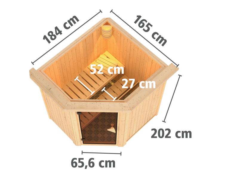 Karibu Sauna Taurin inkl. 9 kW Ofen externe Steuerung, mit Energiespartür - mit Dachkranz -