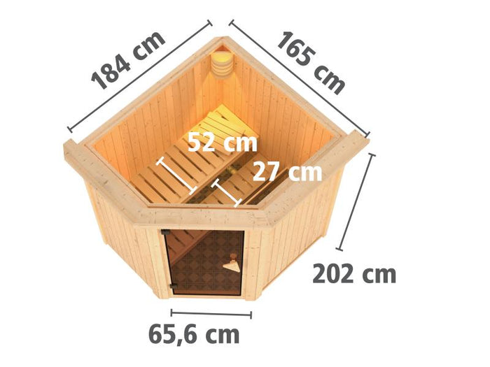 Karibu Sauna Taurin inkl. 9 kW Ofen integr. Steuerung, mit bronzierter Ganzglastür - mit Dachkranz -