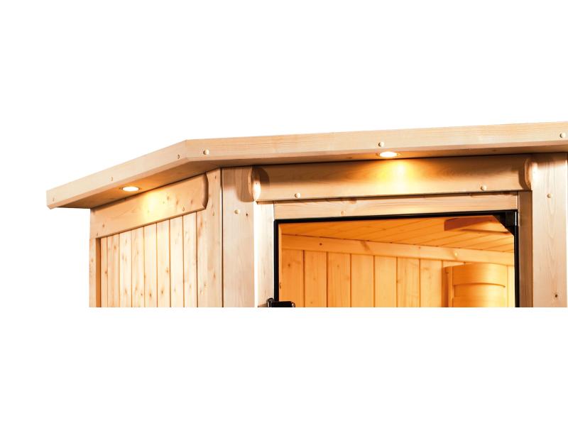 Karibu Sauna Taurin inkl. 9 kW Ofen integr. Steuerung, mit bronzierter Ganzglastür - mit Dachkranz -