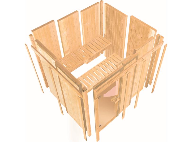 Karibu Sauna Taurin inkl. 9 kW Ofen integr. Steuerung, mit moderner Saunatür - mit Dachkranz -