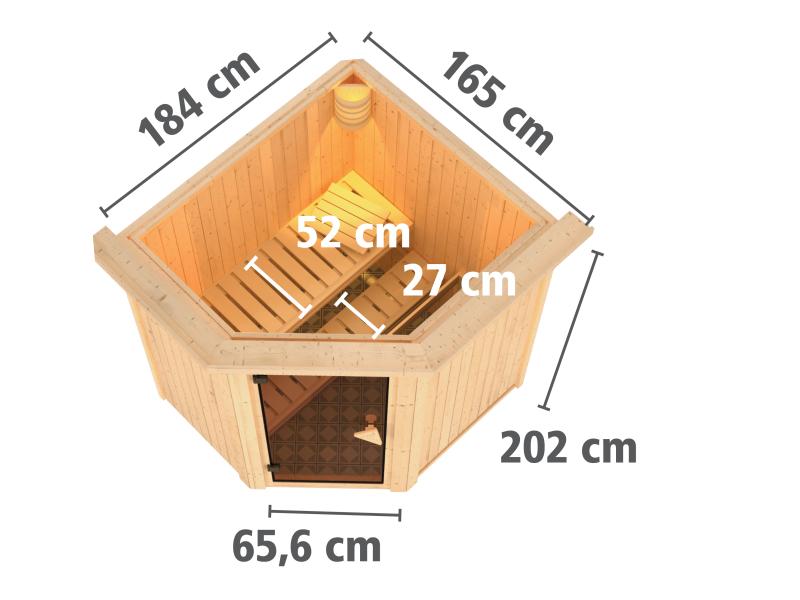 Karibu Sauna Taurin inkl. 9 kW Ofen integr. Steuerung, mit moderner Saunatür - mit Dachkranz -