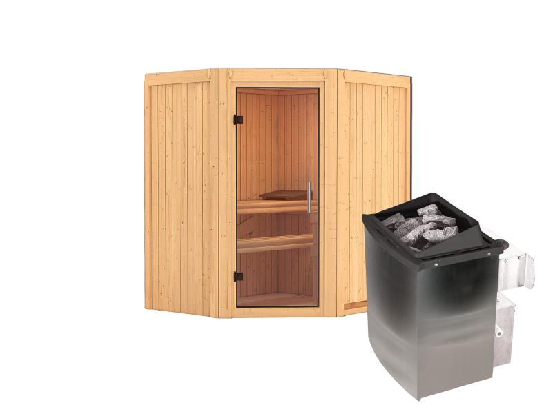 Karibu Sauna Taurin inkl. 9 kW Ofen integr. Steuerung, mit klarglas Ganzglastür -ohne Dachkranz -